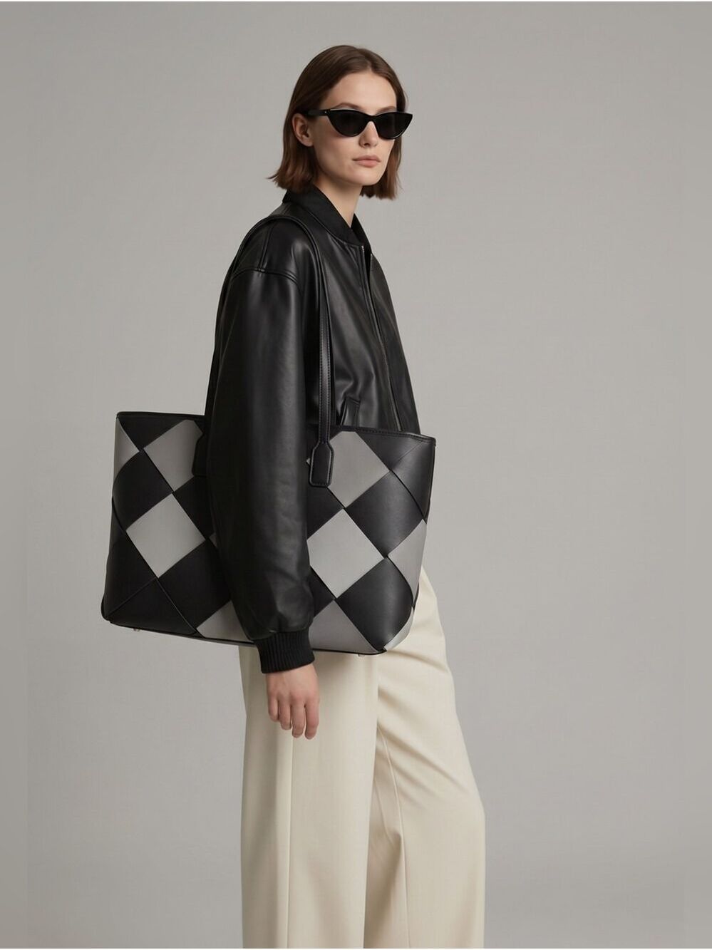 ChrisBella Woven Faux Leather Tote Bag in Black and Gray Shades - Picture 2 of 14